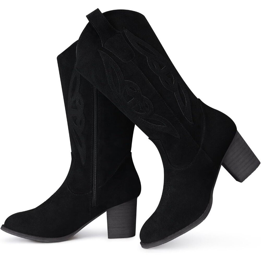 Women 1828-black Suede leather Embroidered Country Heel Pointed Toe Booties - Picture 6 of 6